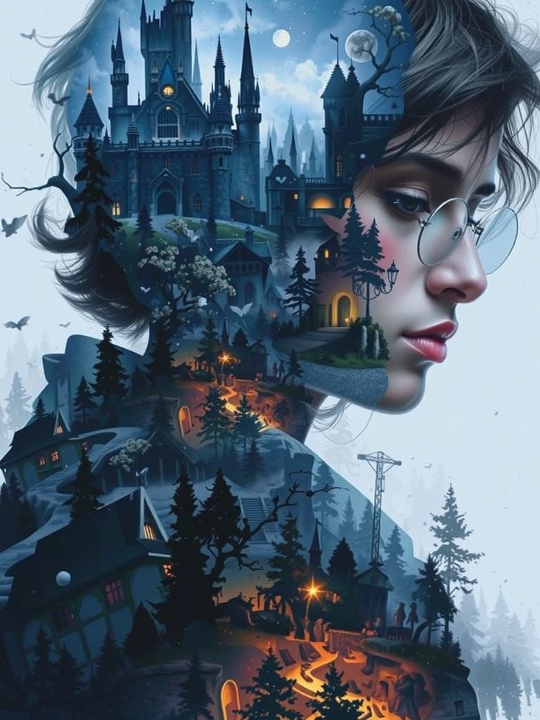 Double exposure of a silhouette of a woman filled with a cas...