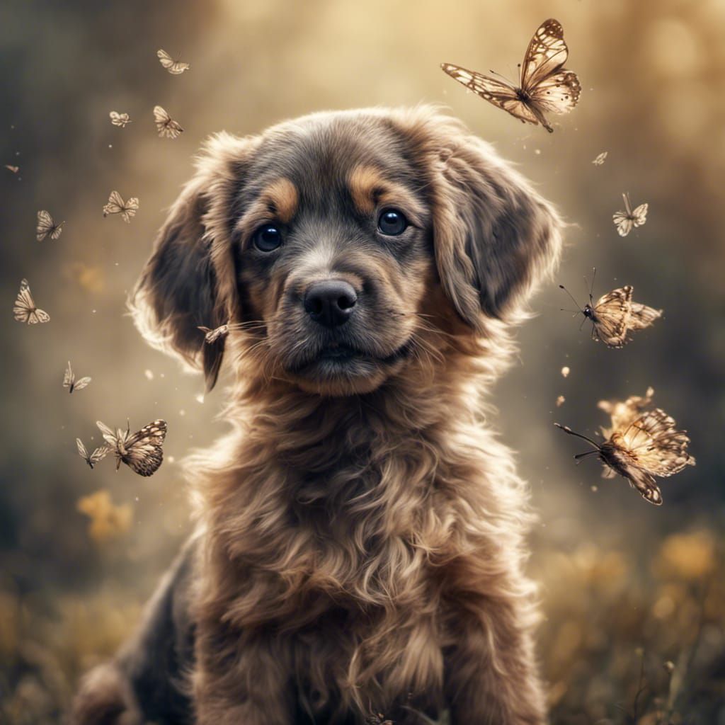 Cute Puppy with Butterflies in Hyperrealistic Style