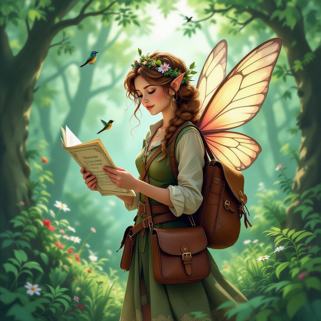 Fairy Cartographer Mapping Whimsical Forest Habitat