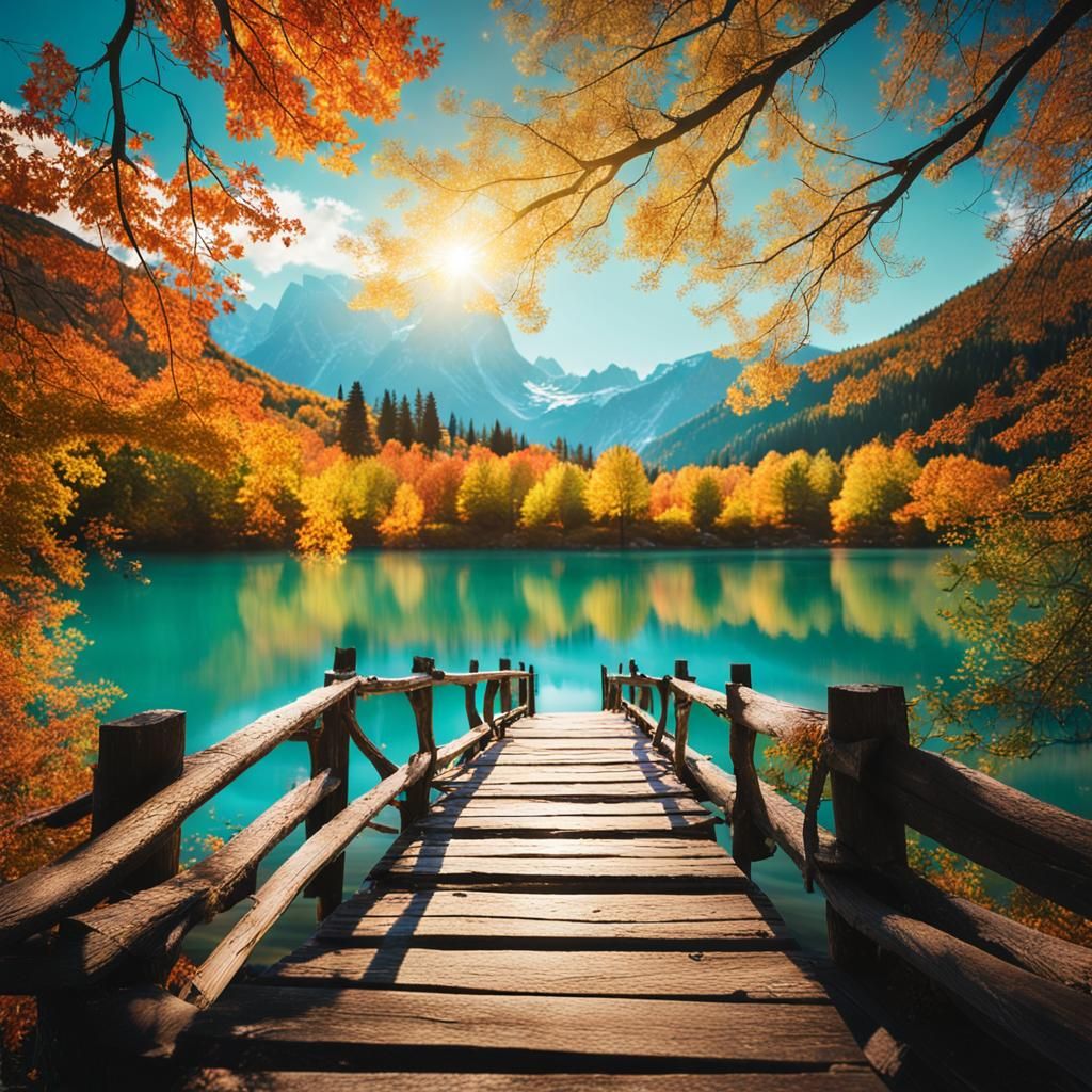 Turquoise Lakes and Cascades in Autumn Landscape