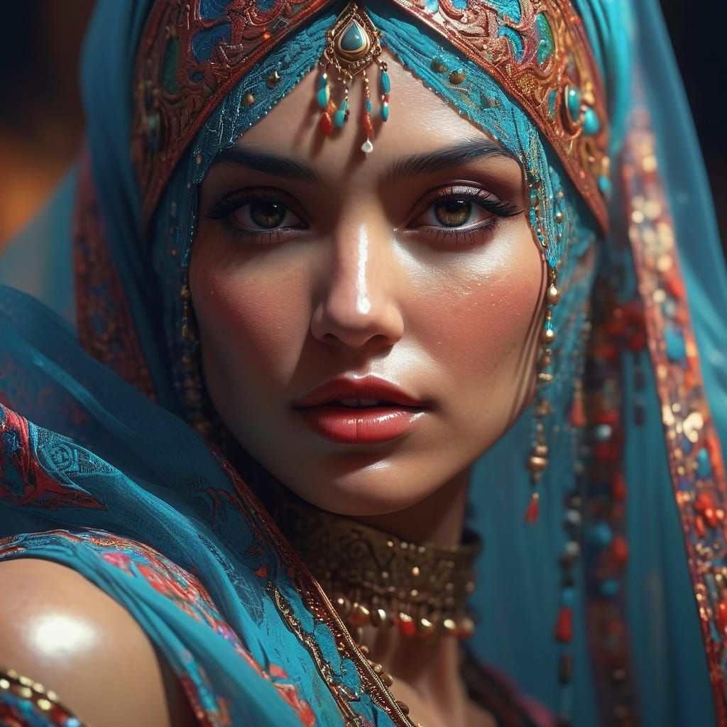 Veiled Belly Dancer Portrait in Art Nouveau Style