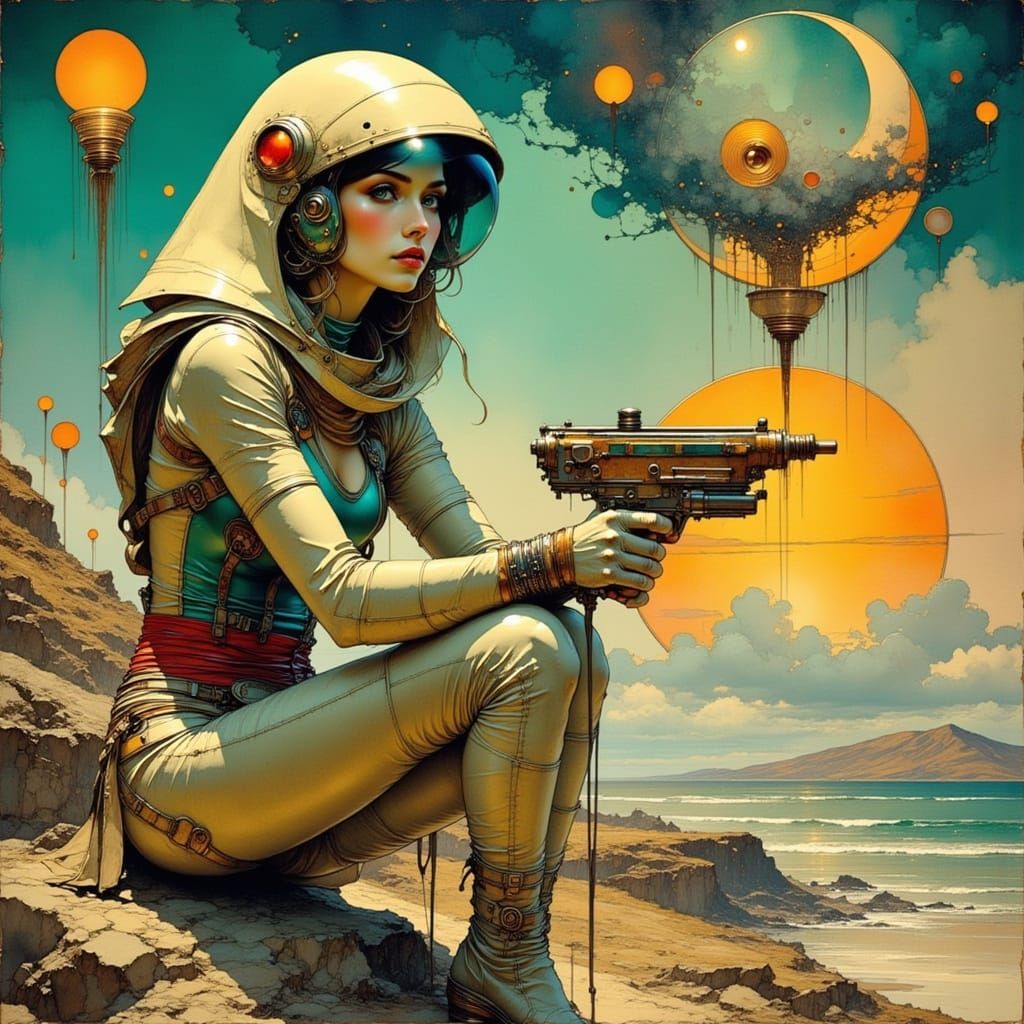 Retro-Futuristic Woman with Ray Gun in Oil Painting Style