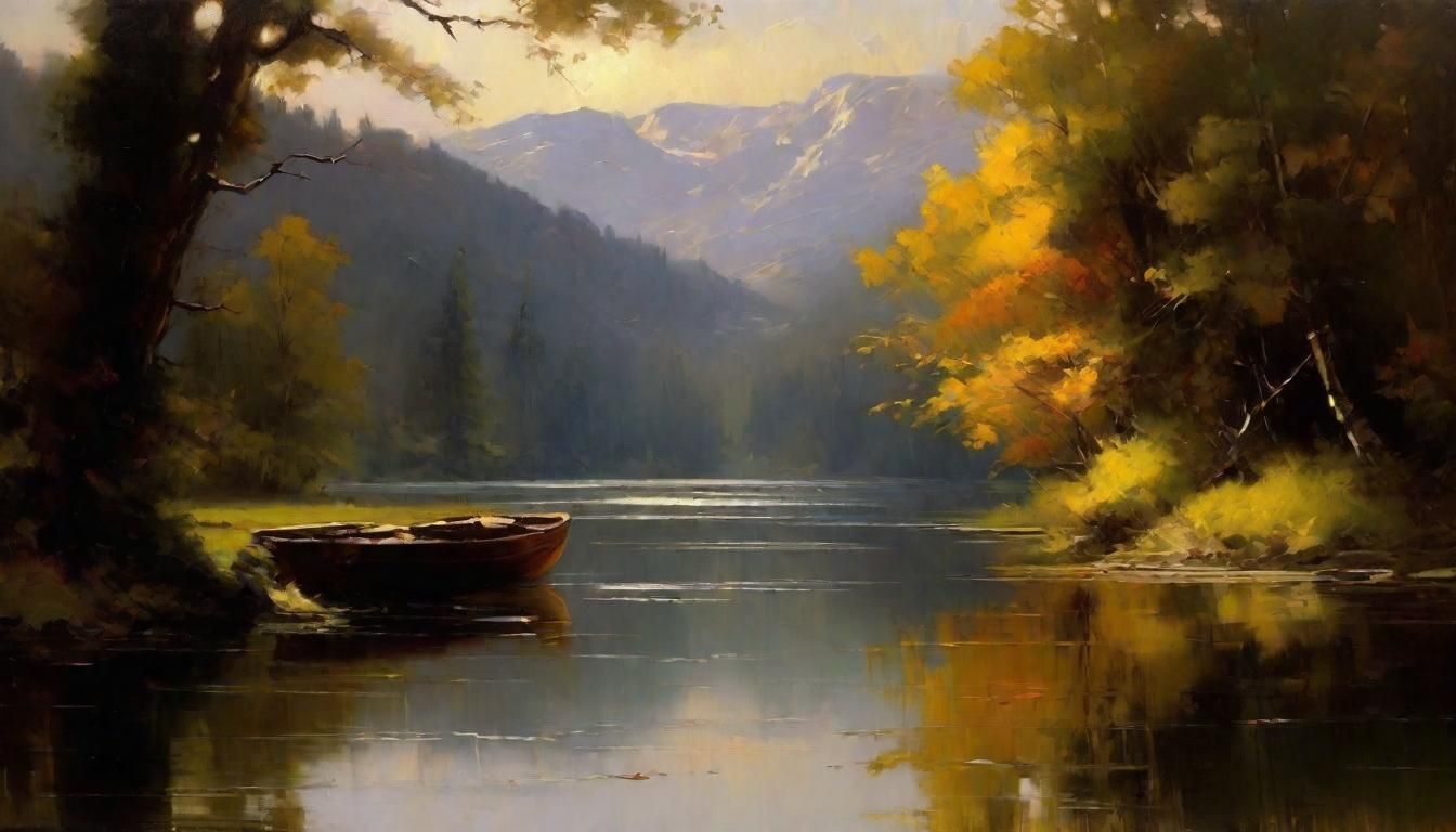 Peaceful Waterscape Oil Painting with River and Trees