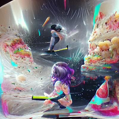 Terrifying Girl Smashes Birthday Cake: Cosmic Illustration