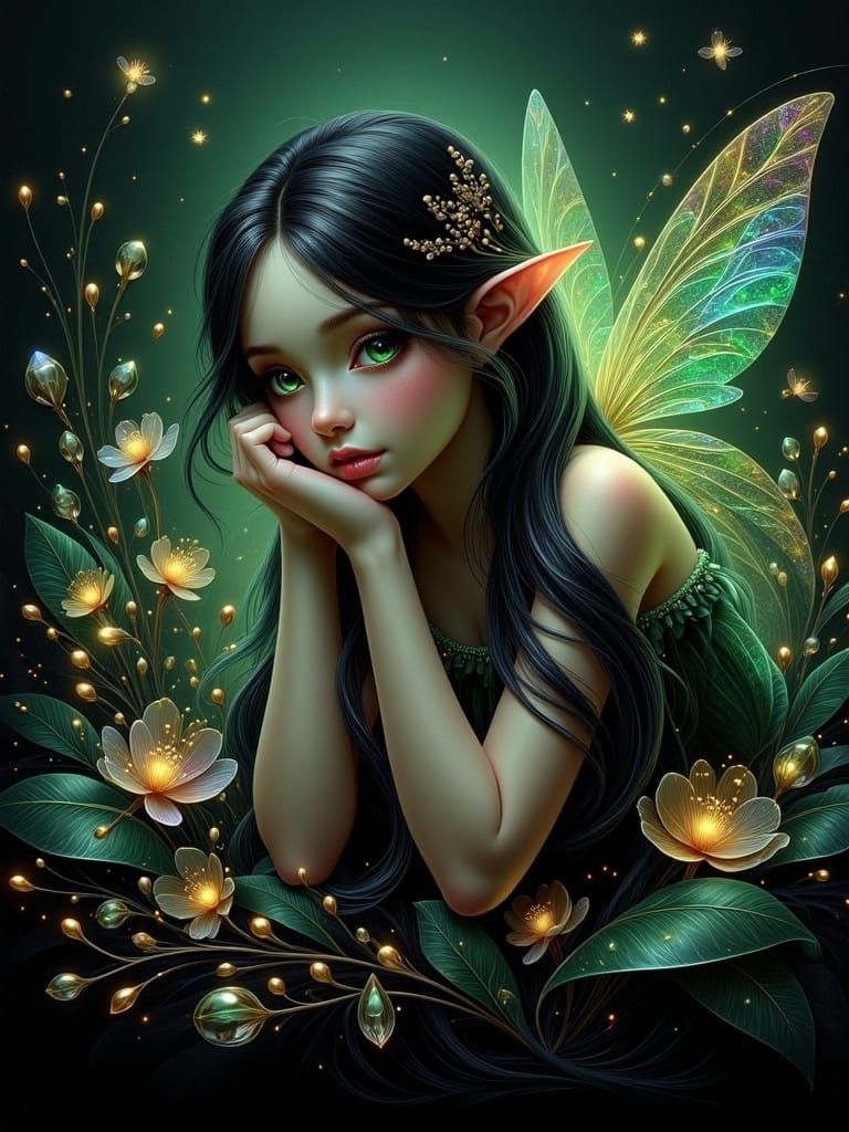 Whimsical Faerie in Emerald Gown with Iridescent Wings