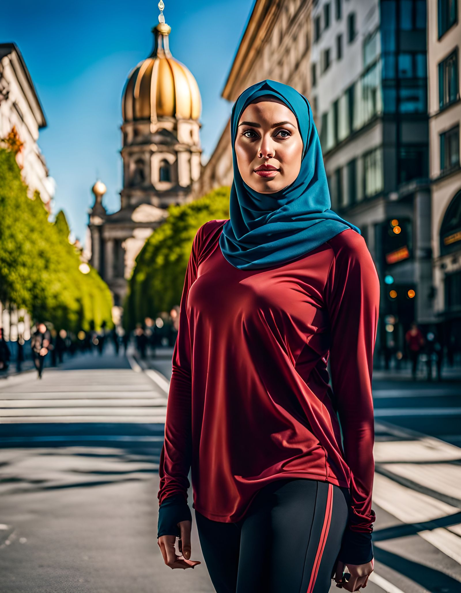 Sport Hijab Fashion in Modern City, Detailed Matte Painting