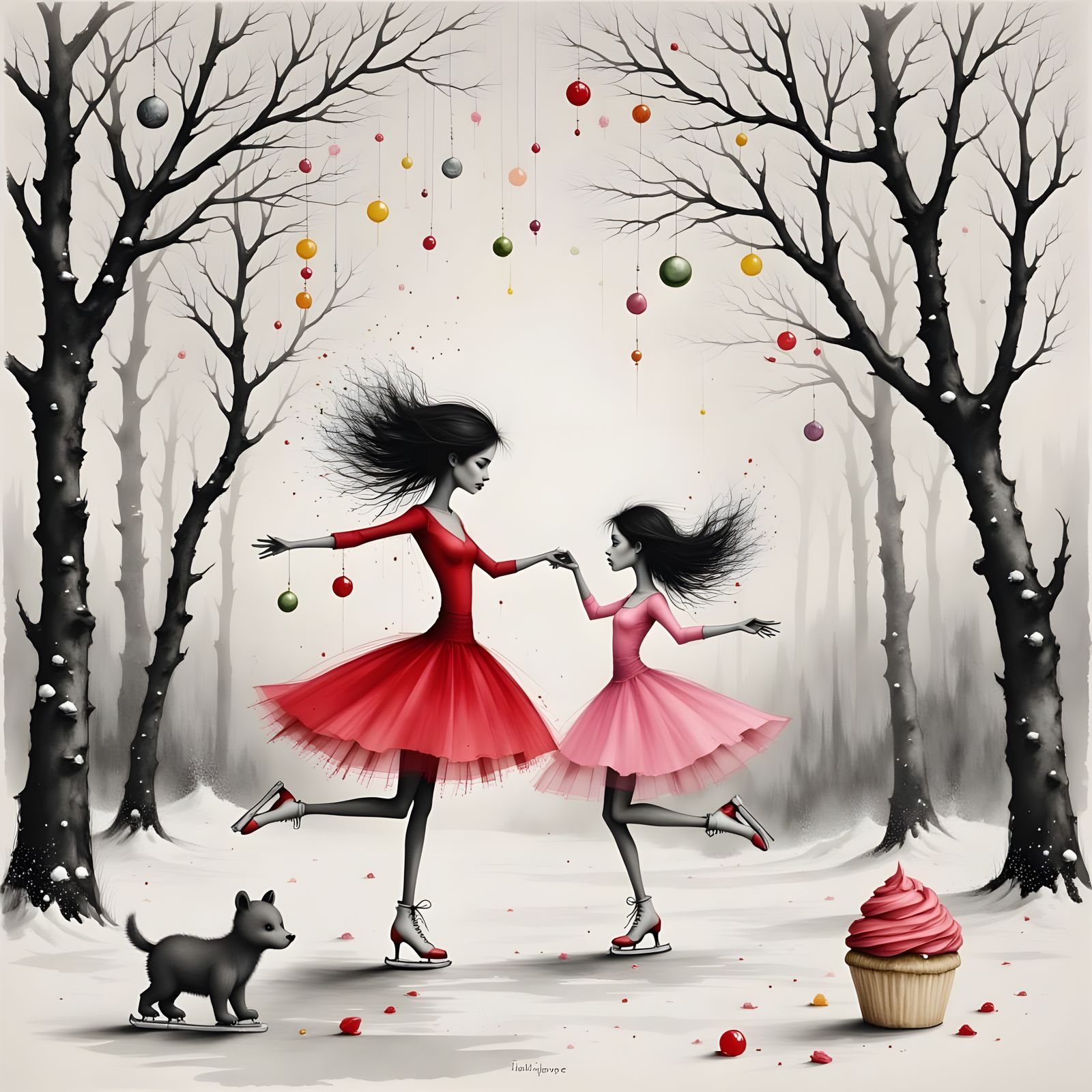 Whimsical Charcoal Drawing of Ice Skating in Candyland Fanta...