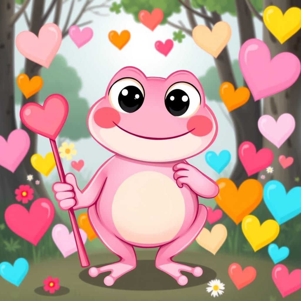 Cheerful Pink Frog Surrounded by Hearts in a Vibrant Forest