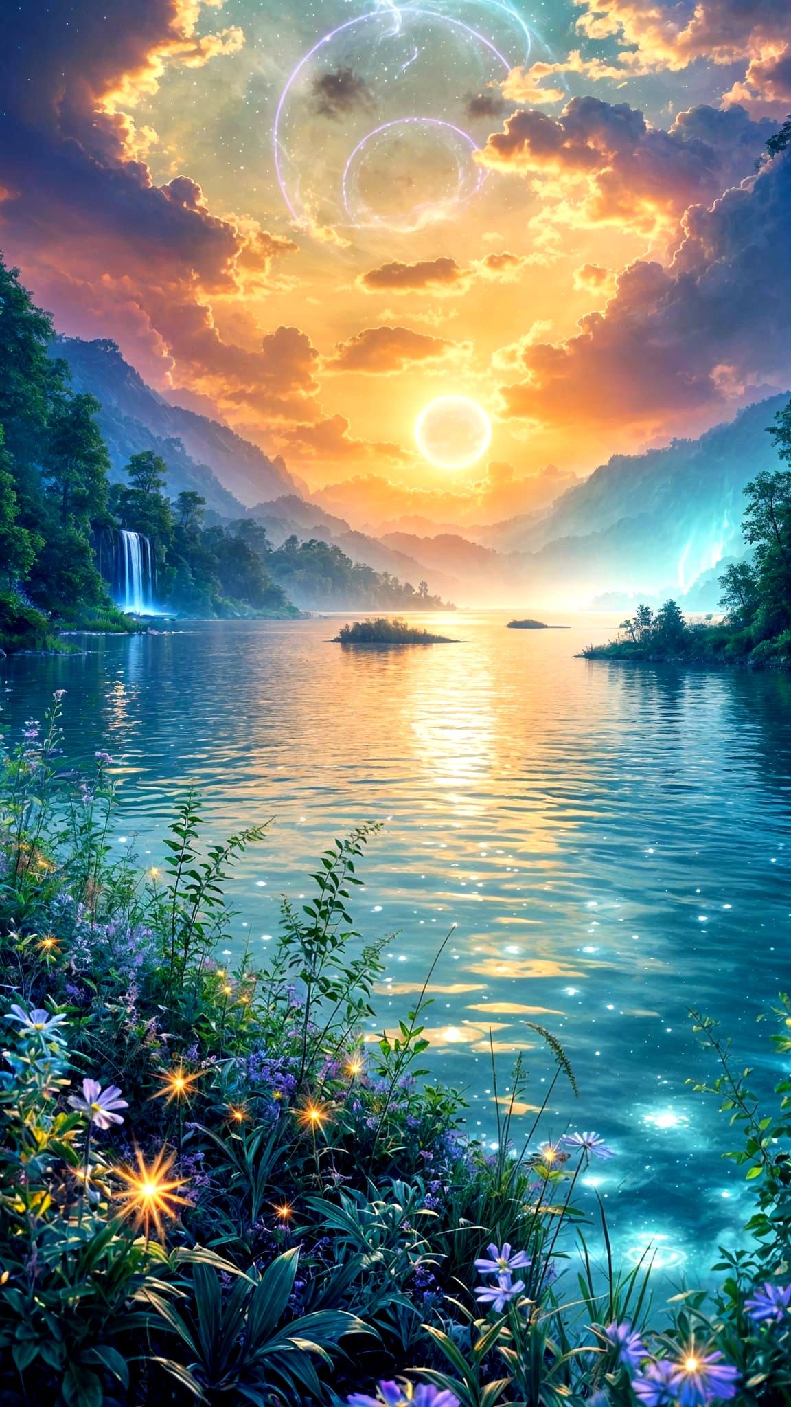 Surreal Lake Landscape at Sunset with Bioluminescent Trees a...