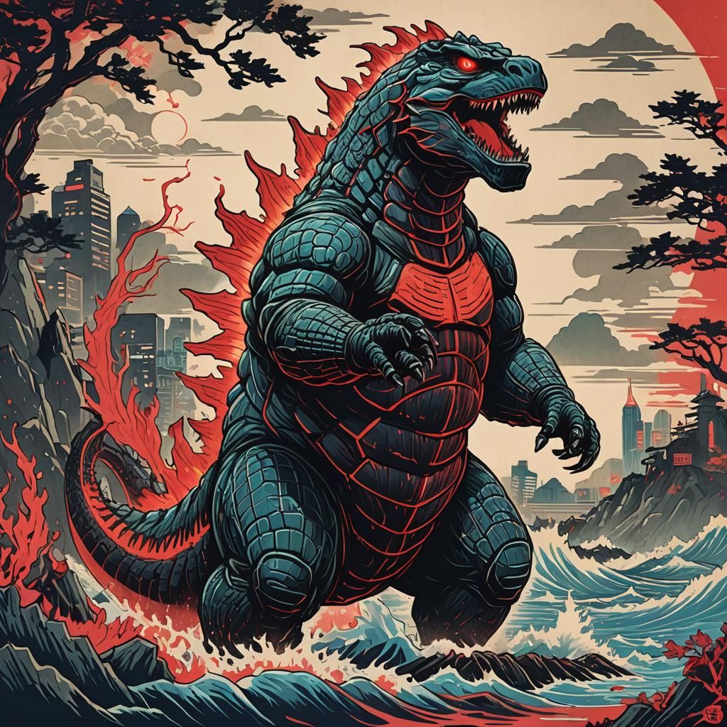 Godzilla with Red Bioluminescence in Ukiyo-e Style