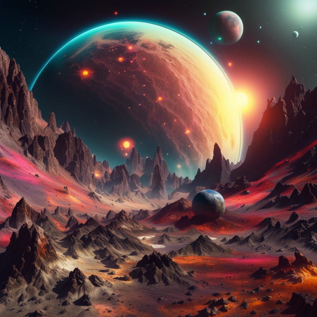 Exoplanet Landscape with Multiple Suns and Moons