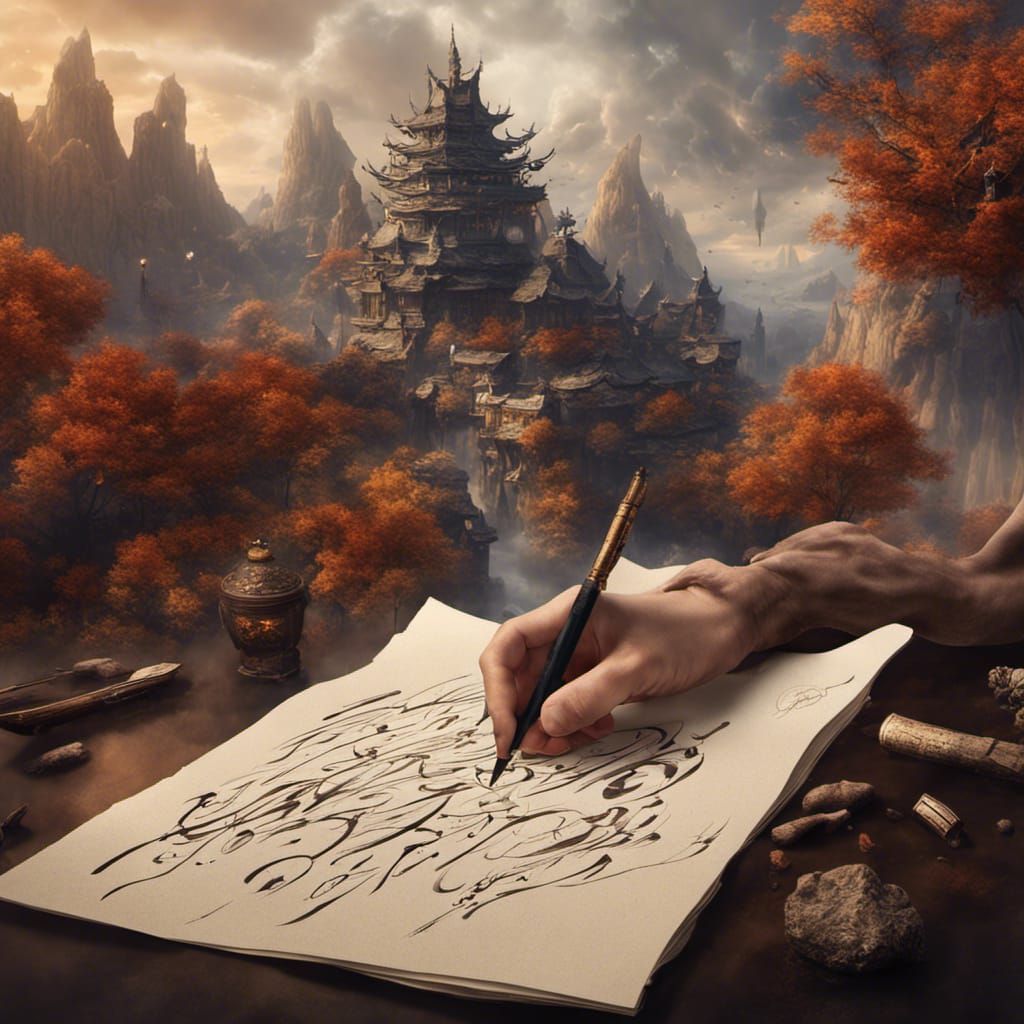 Philosophical Calligraphy Illuminated in Vibrant Fantasy Art