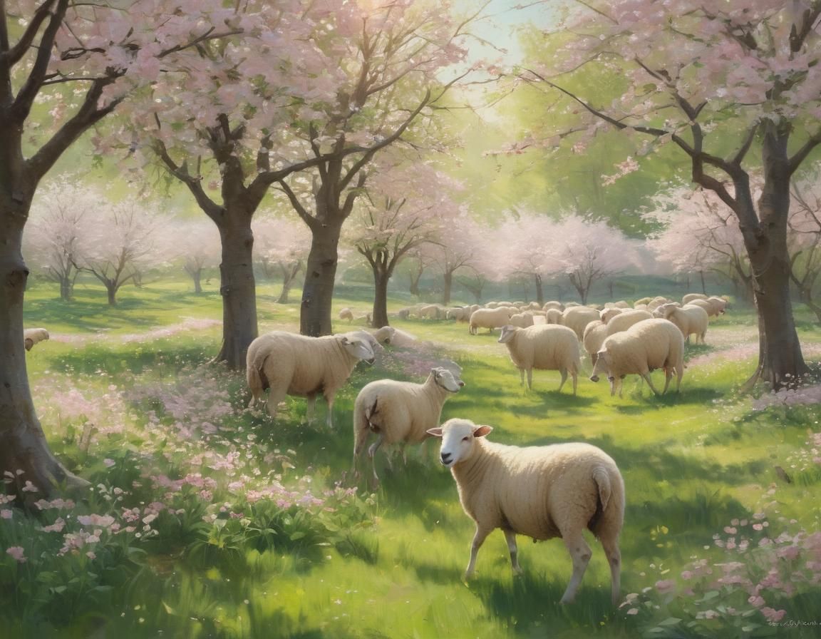 Pastoral Orchard Scene in Impressionist Style
