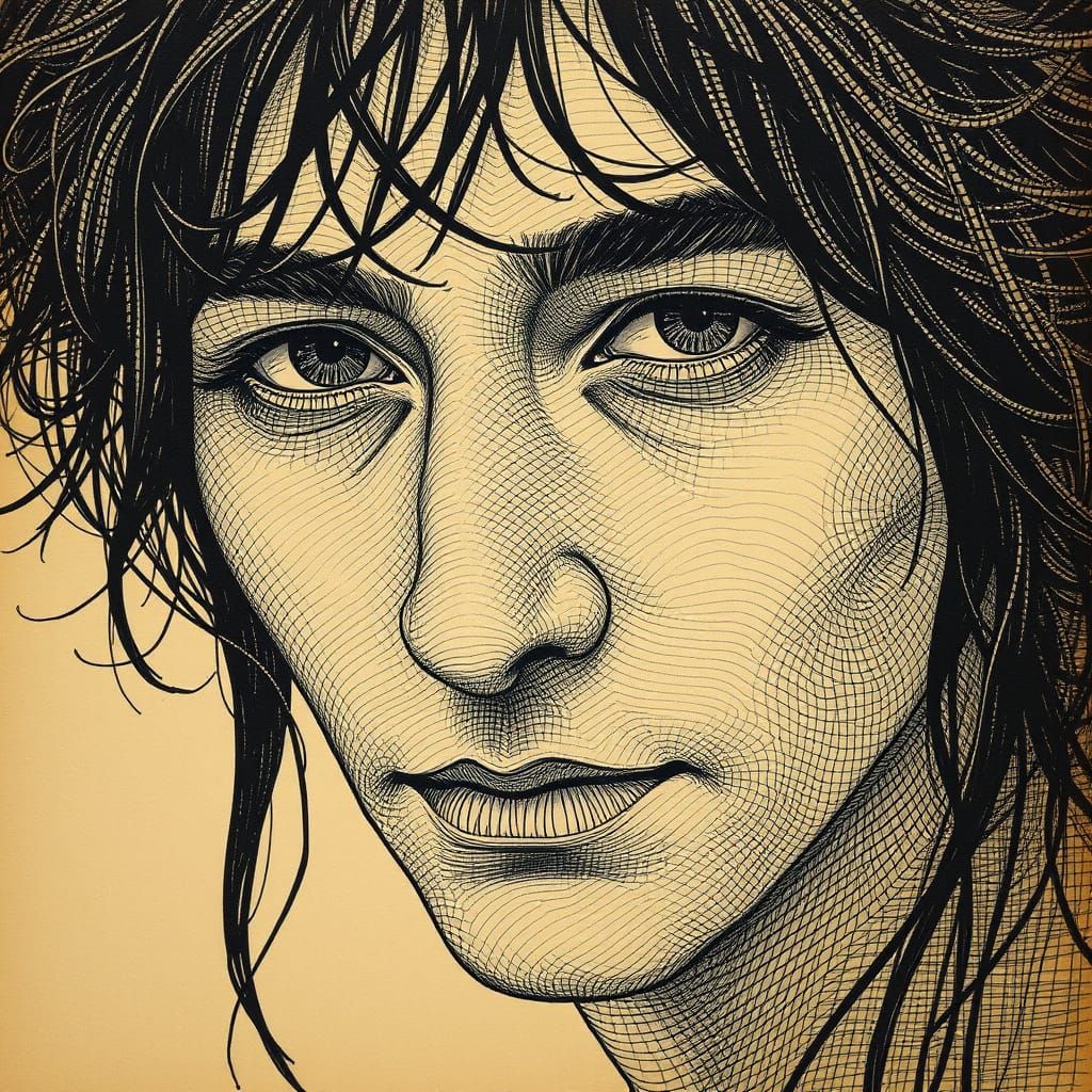 Intricate Crosshatching Portrait with Warm Tones