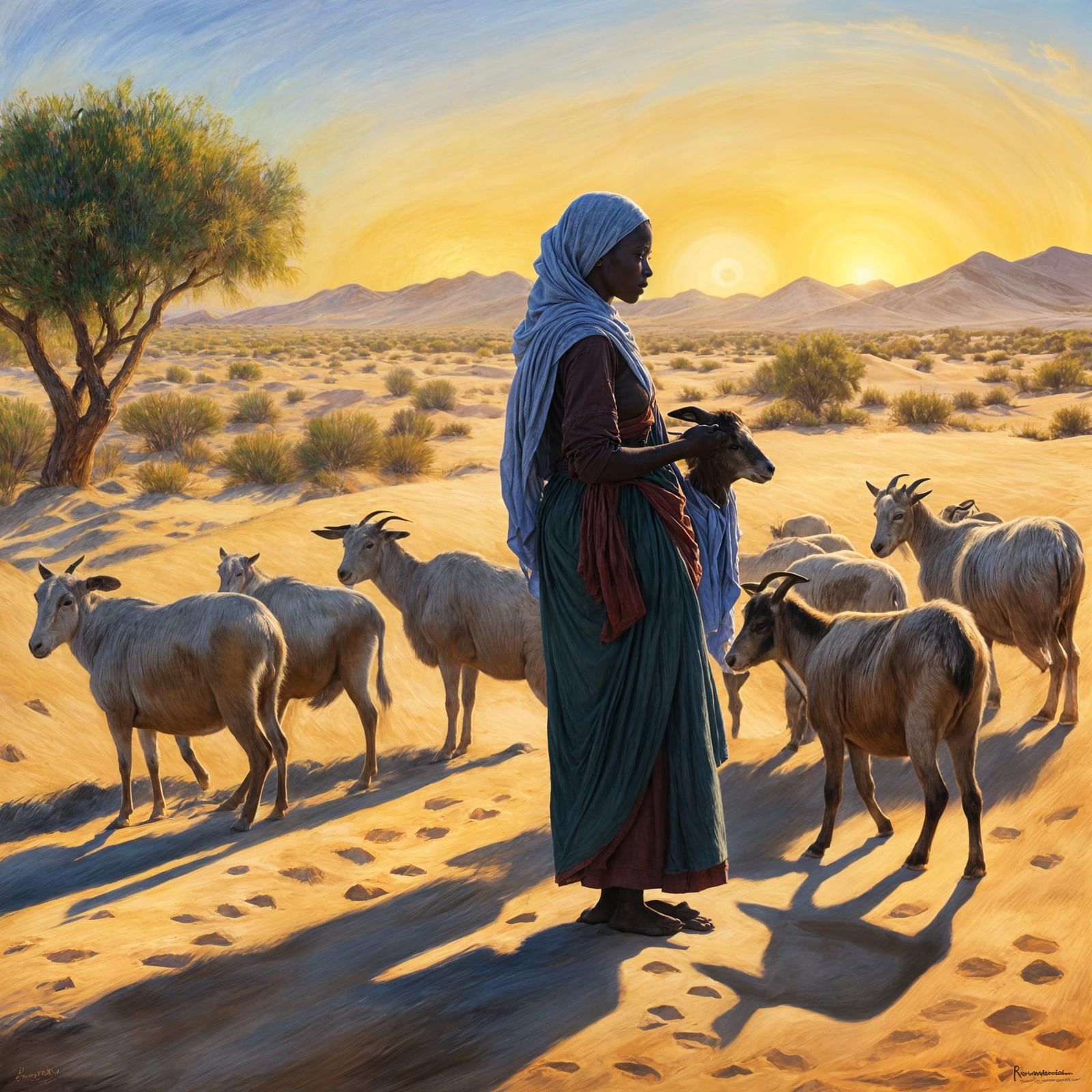Bedouin Woman Tending Goats in Desert Oasis