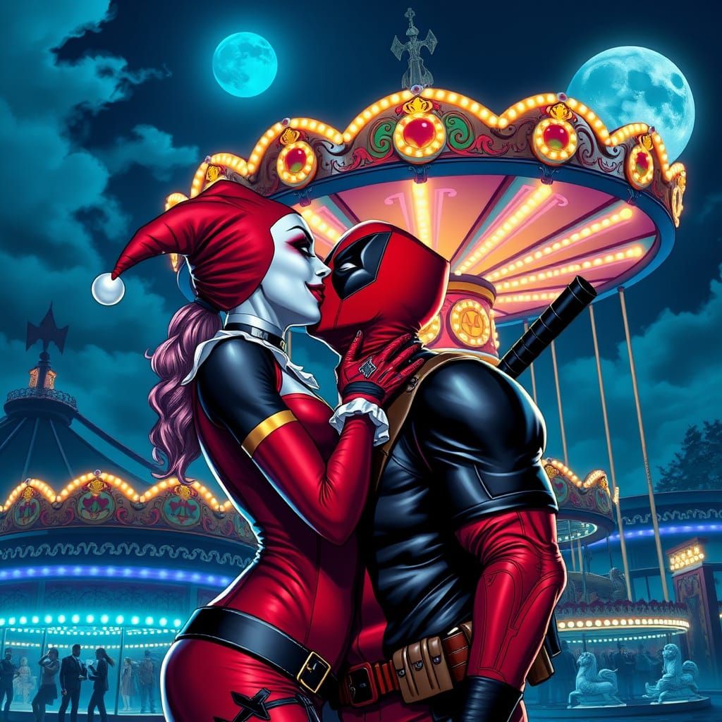 Harley Quinn Kisses Deadpool at a Gritty Carnival under Dark...