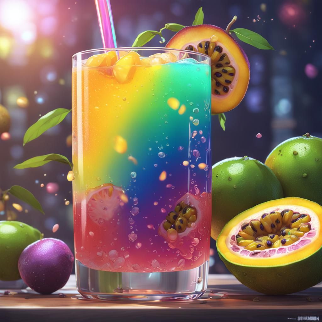 Rainbow Passion Fruit Drink in 3D Anime Style