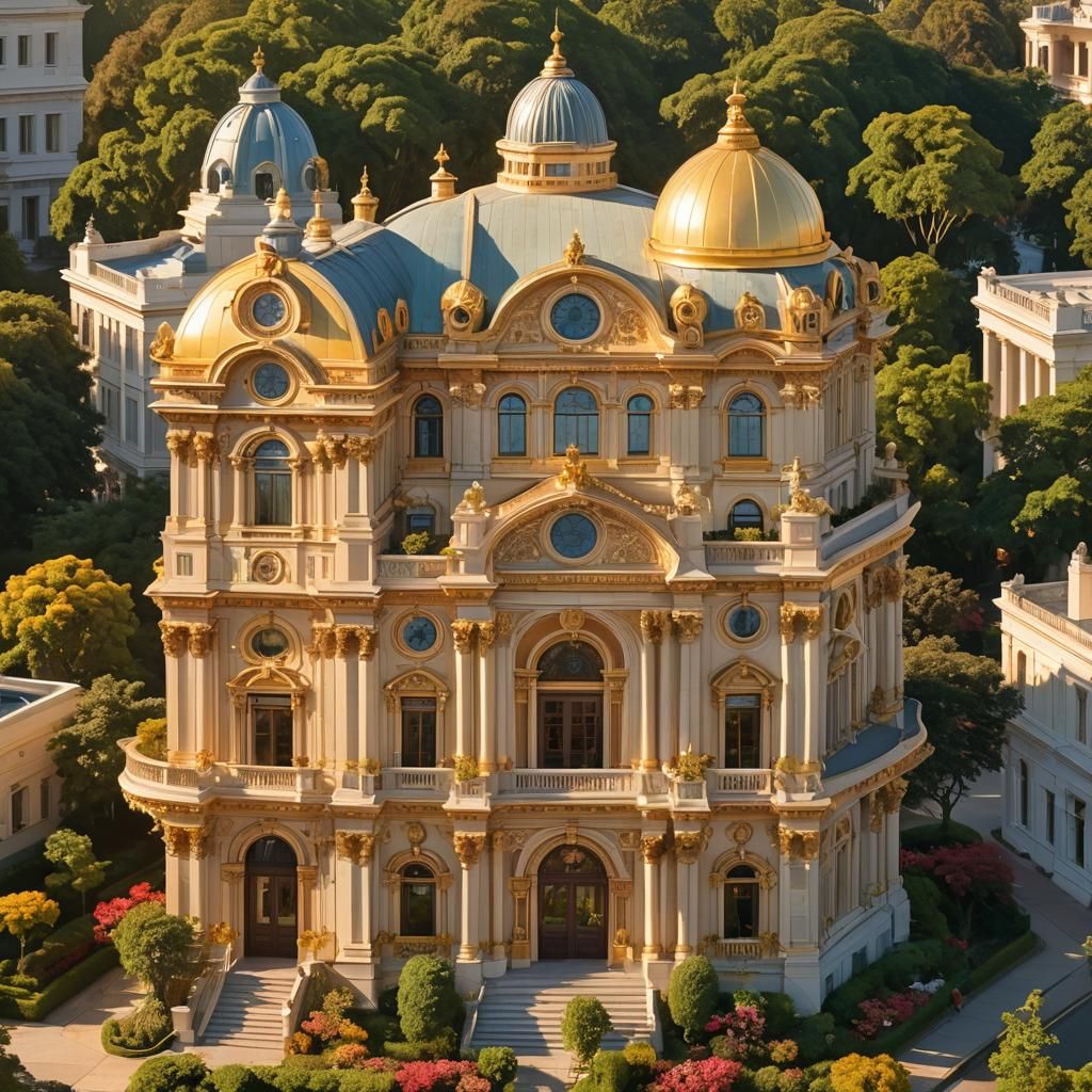 Colonial Palace Bathed in Golden Light, Photorealistic Rende...