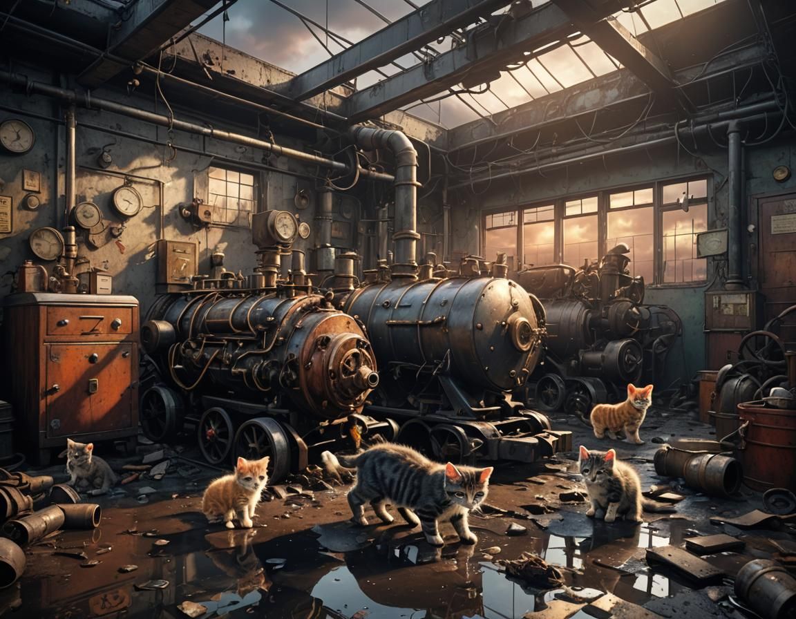 Kittens in Grimdark Dieselpunk Hospital at Sunset