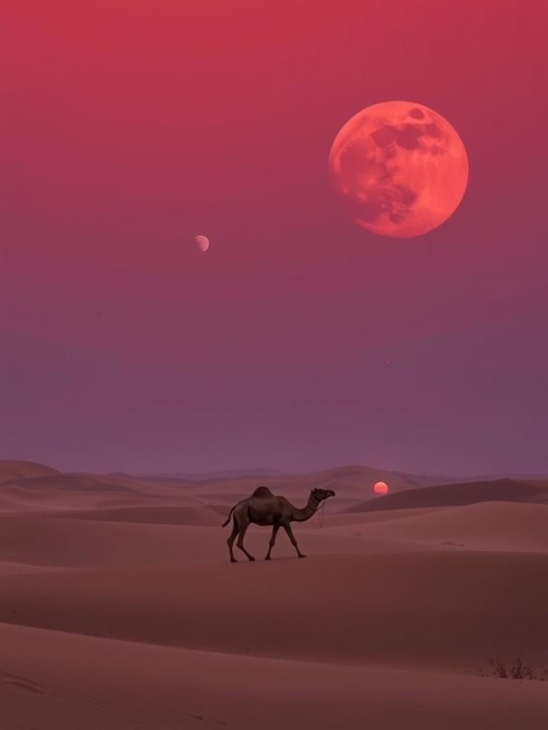 Camel Walks Desert Dunes Under Red Twilight Sky and Full Moo...