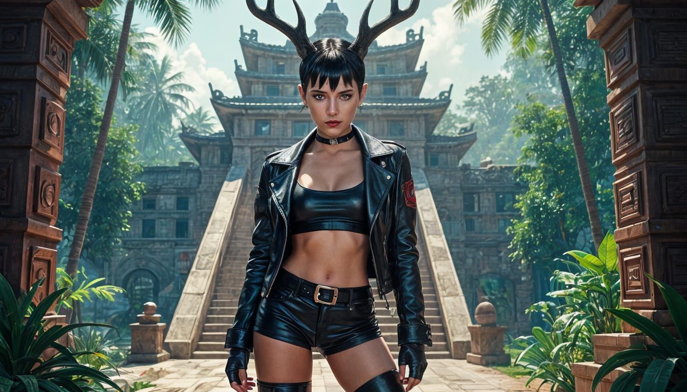 Woman with Antlers in Jungle, Syd Mead Style