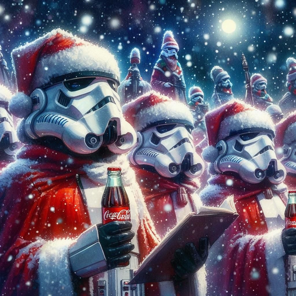 digital watercolor illustration of STORMTROOPERS as yuletide_carolers_singing_under_the_snow, fast_camera_setting_to_cap...
