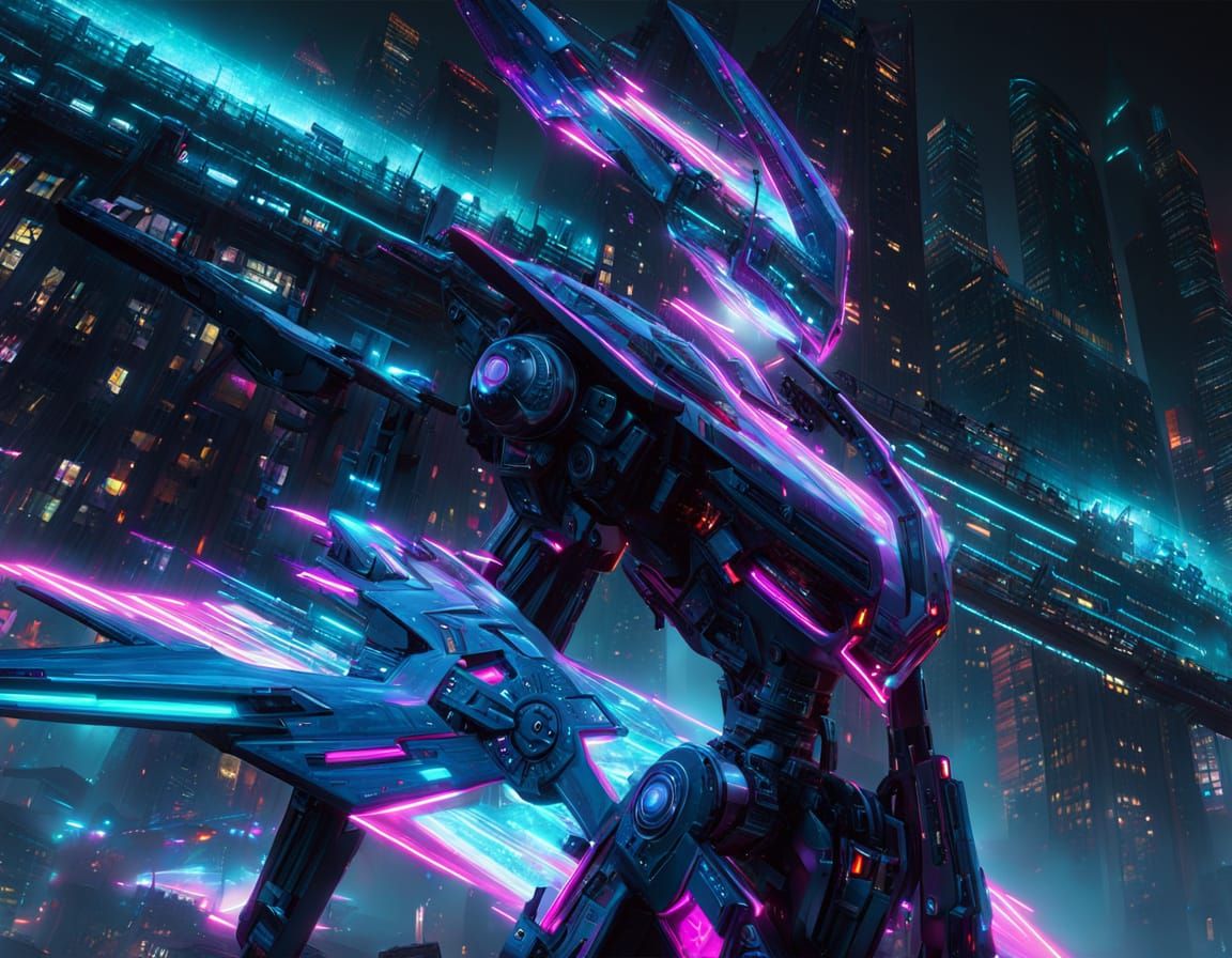 Cyborg Wolf-Girl Illuminates Futuristic Cityscape