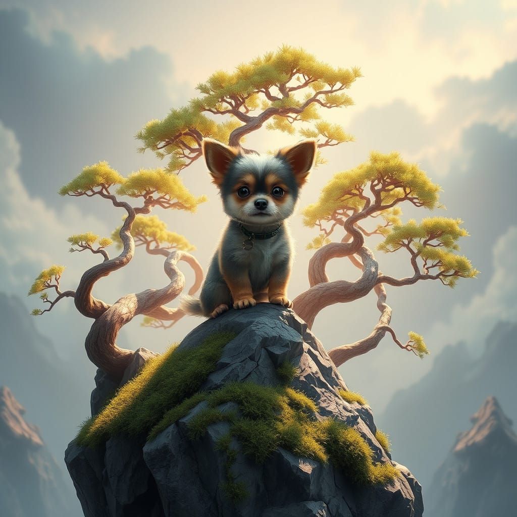 Mystical Canine Amidst Golden Bonsai Trees in a Fantastical...