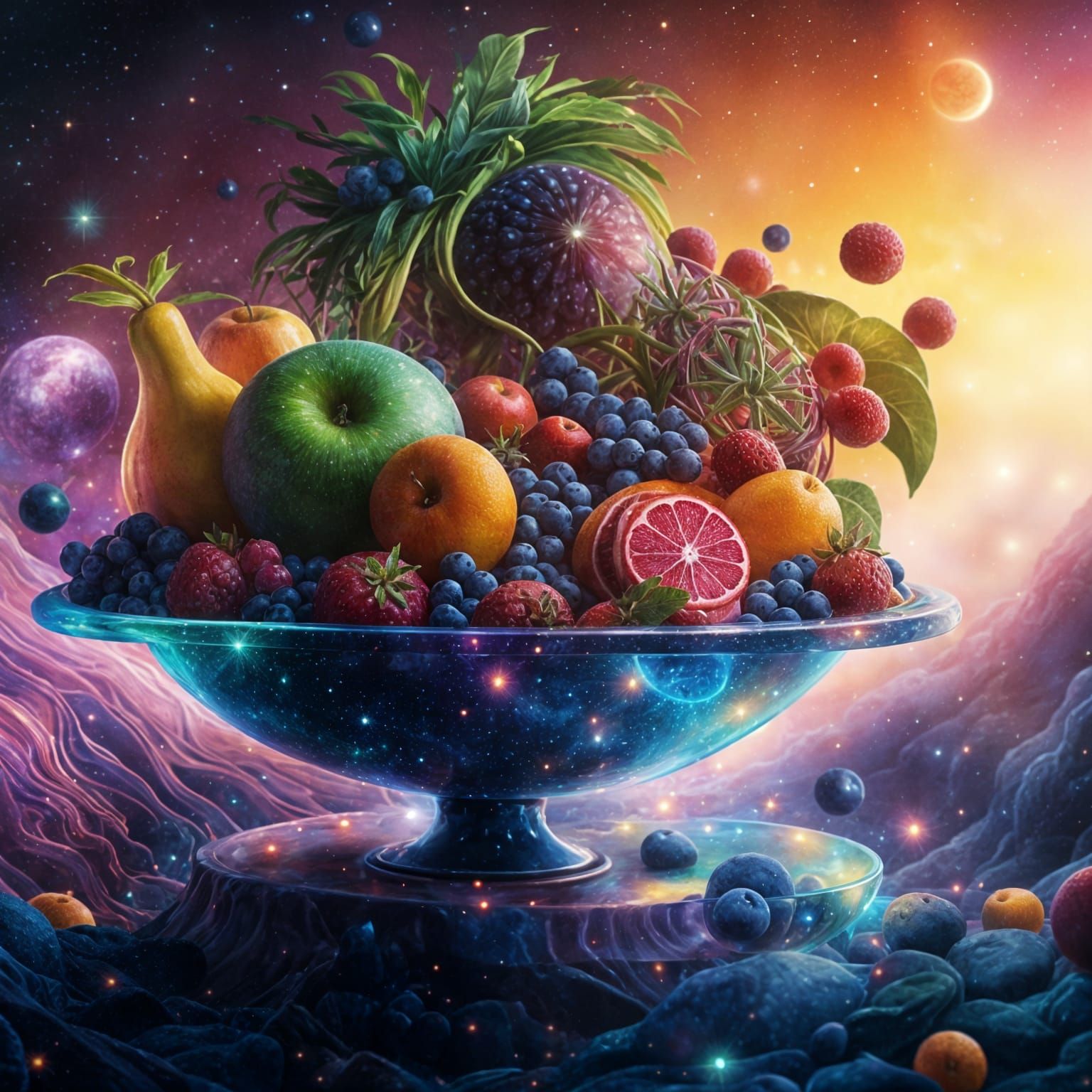 Cosmic Fruit Bowl Inspired by Visionary Art