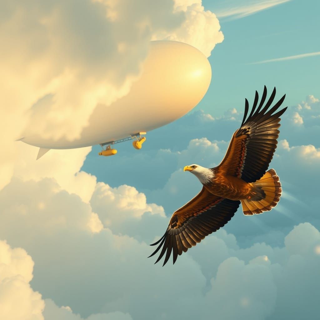 Biplane Soaring Above Zeppelin in Flight