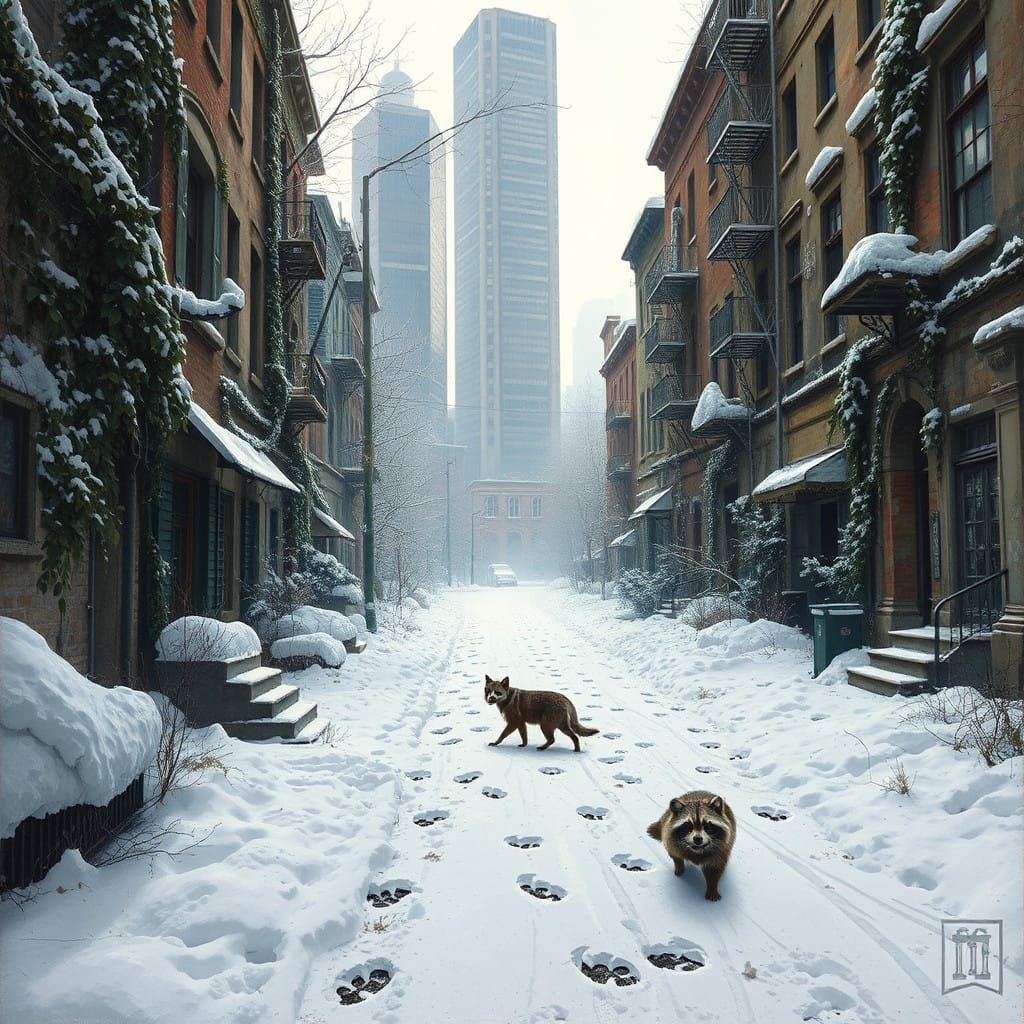 Frosty Abandoned City Street in Hyperrealistic Style