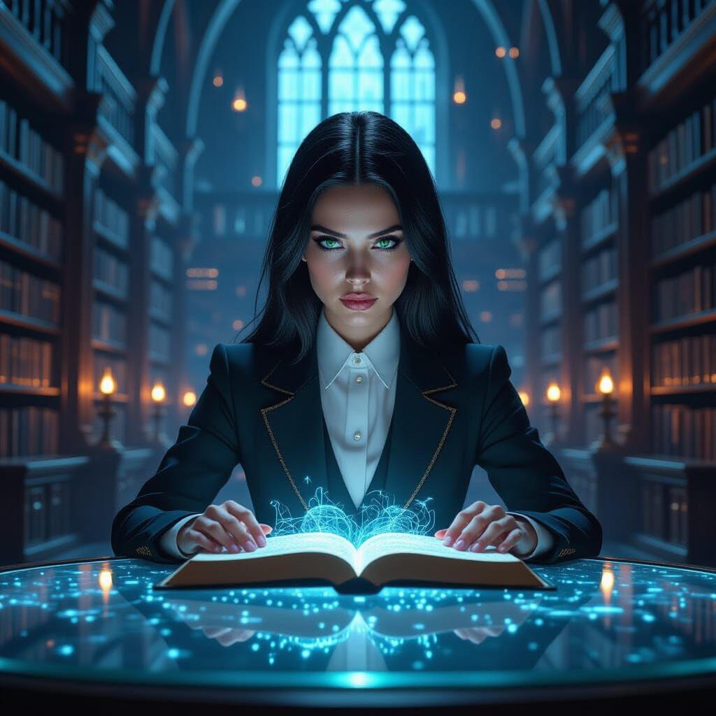Futuristic Hogwarts Library with Woman Studying Hologram