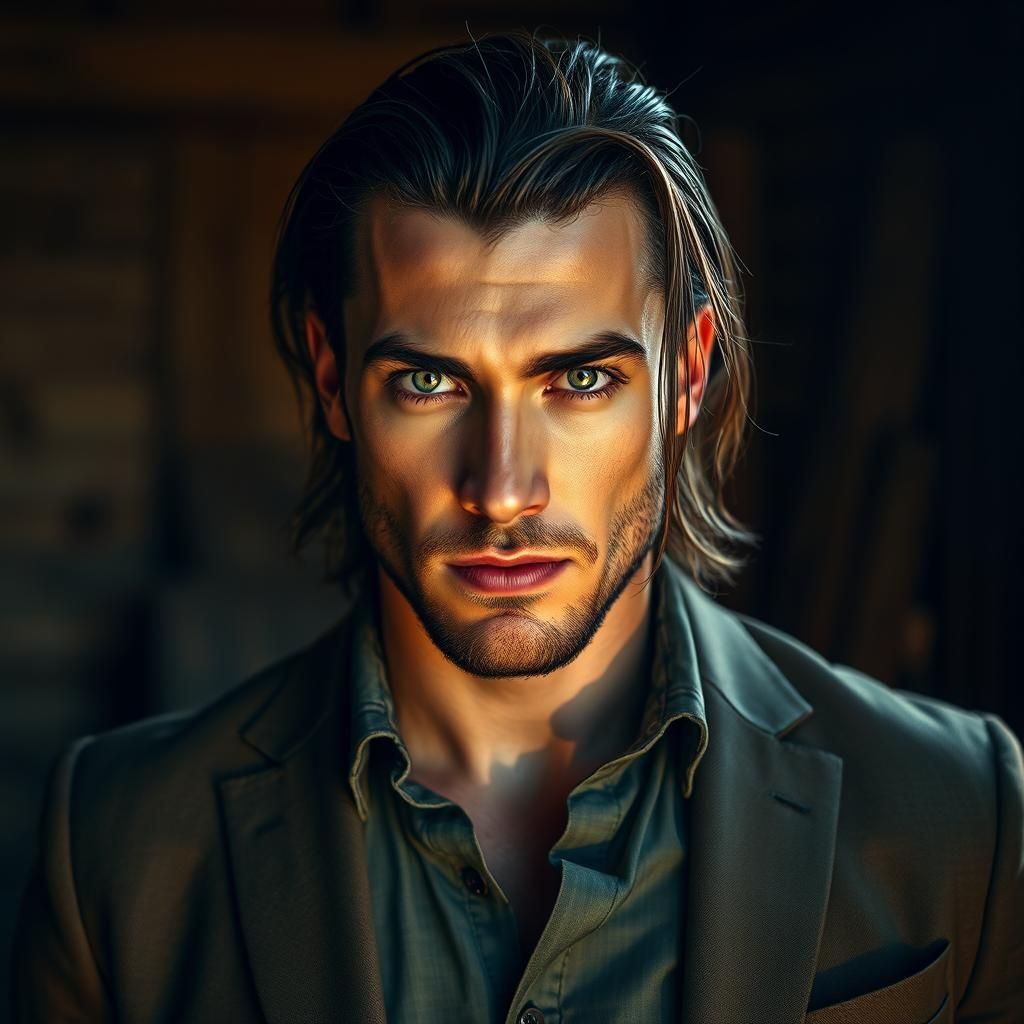 Handsome Green-Eyed Man in Rustic Setting