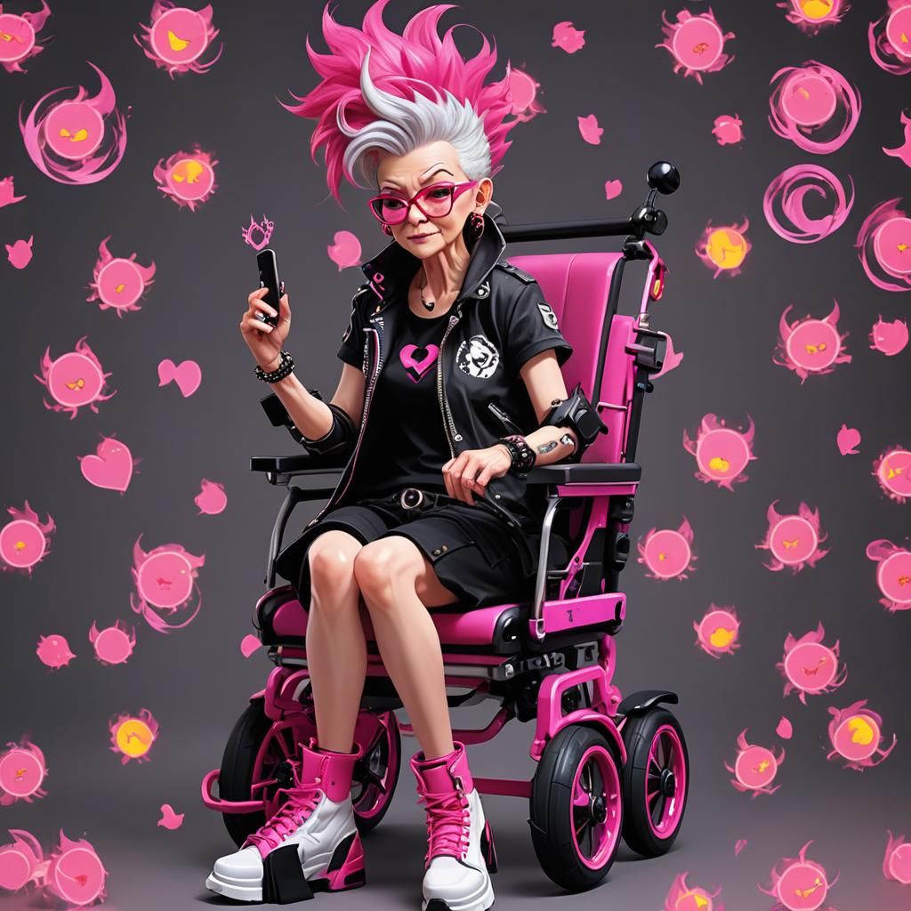 Granny with Pink Mohawk in Cyberpunk Wheelchair
