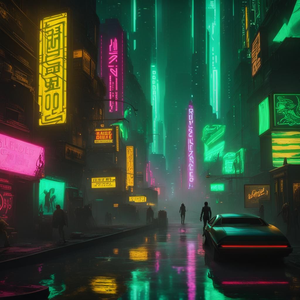 Cyberpunk Cityscape in Emerald and Tiger Eye