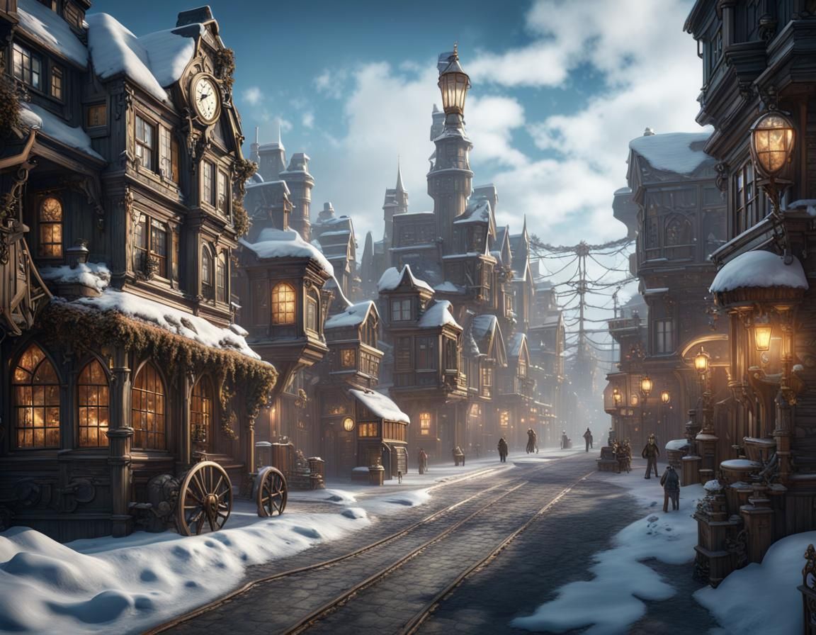 Steampunk Winter Townscape in Detailed Matte Painting
