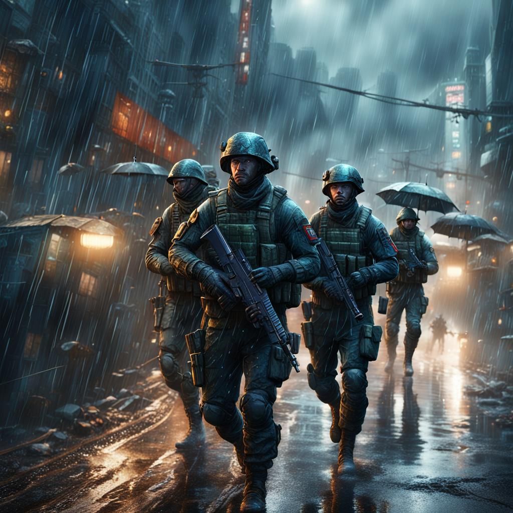 Modern Soldiers in Rain: Detailed Fantasy Art
