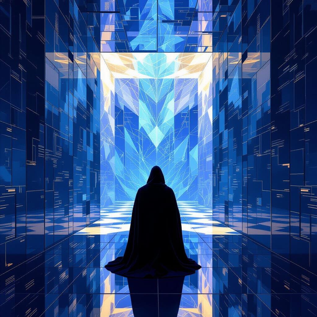 Stoic Figure Reflects in Mirrored Chamber