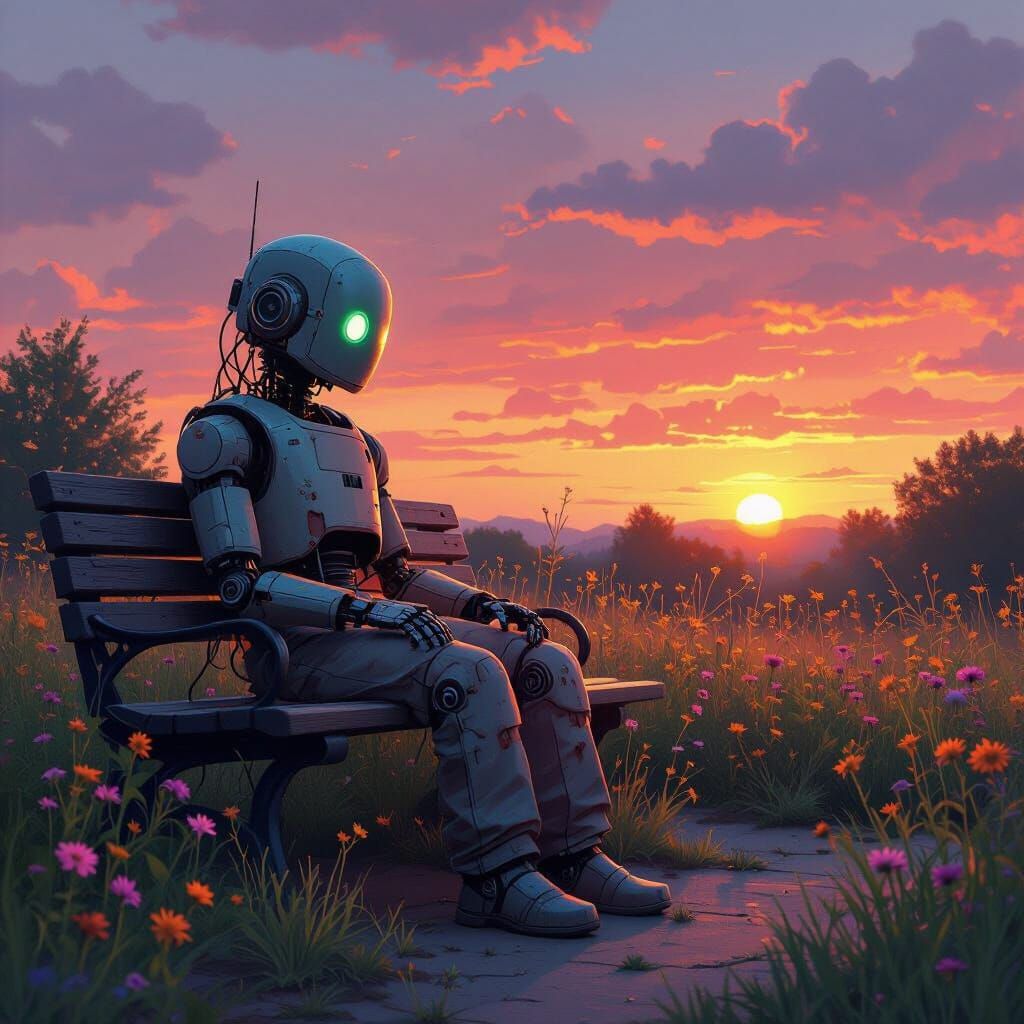 Robot Watches Sunset: Digital Painting in Nostalgic Futurism