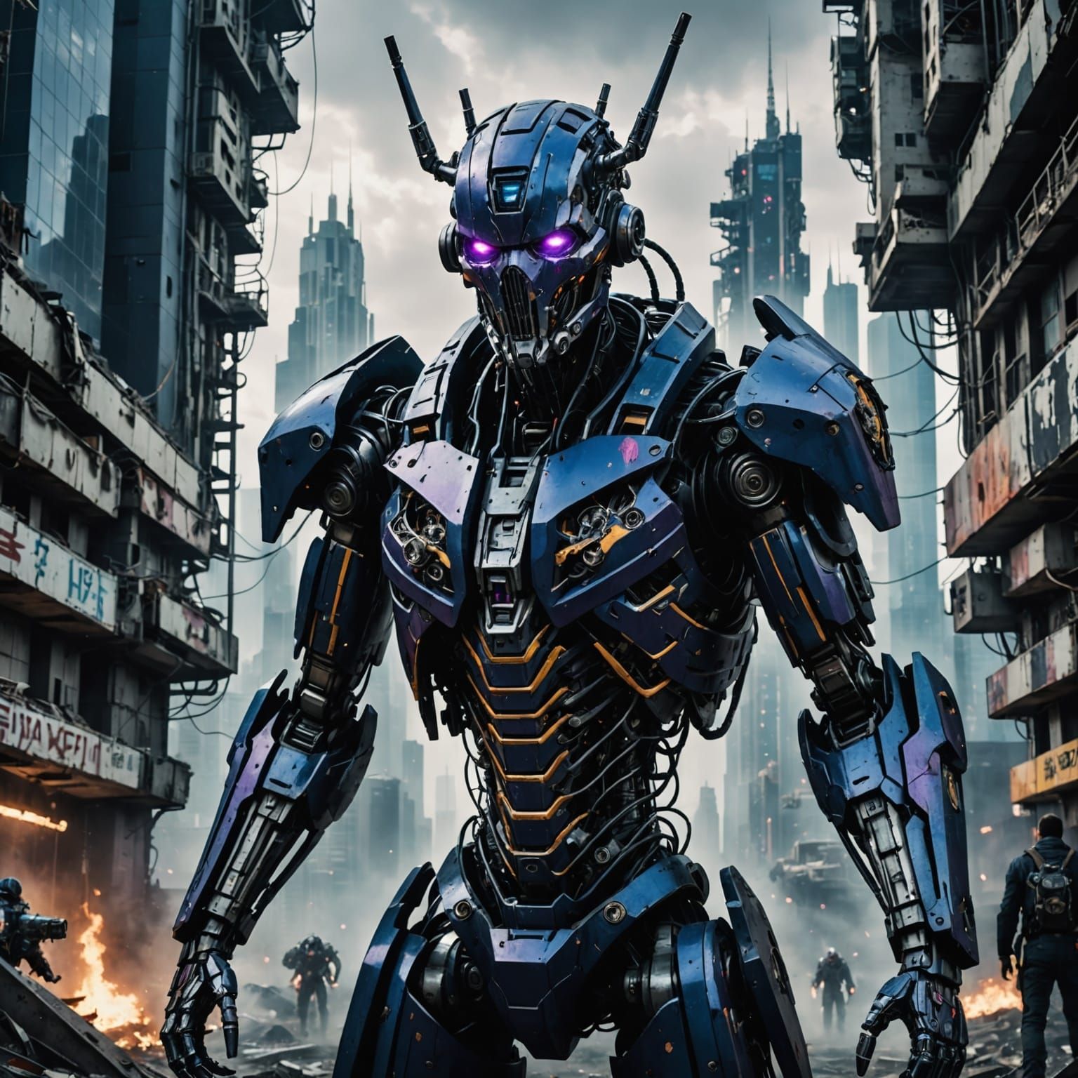 Dark Futuristic Metropolis with Cybernetic Human