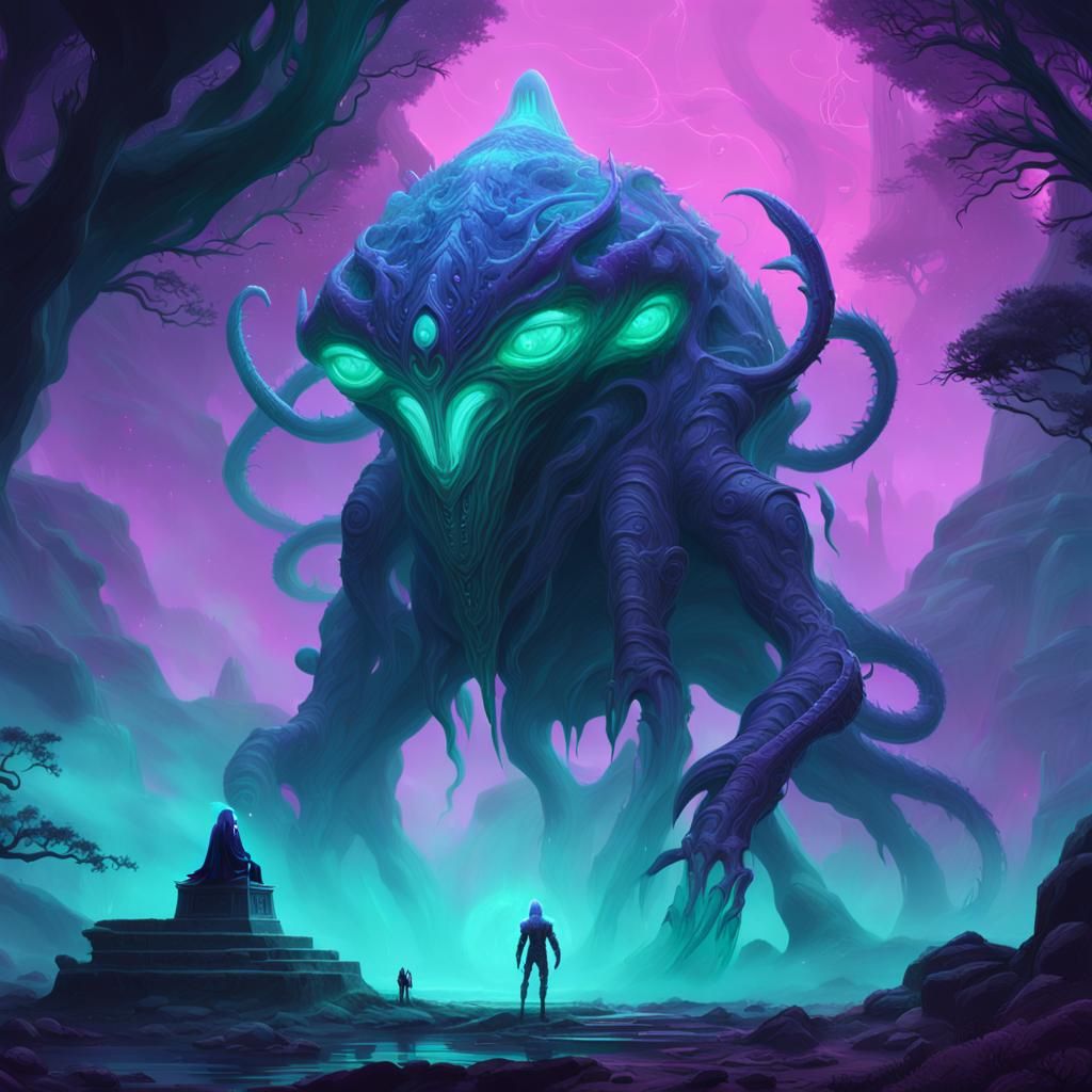 Alien Creature Near Ancient Temple on Neon Planet