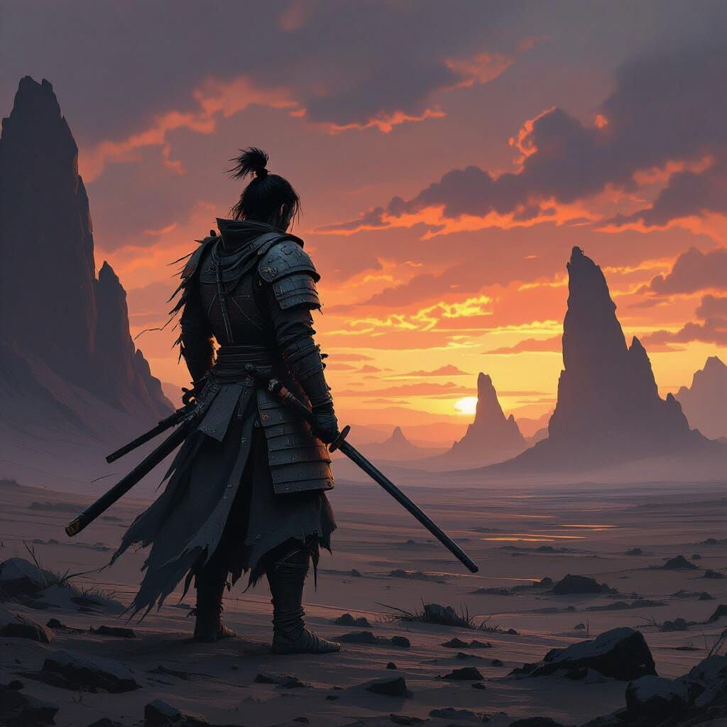 Lone Samurai on Windswept Battlefield at Dusk