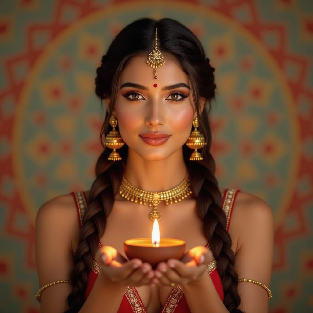 Fire Nymph with Glowing Diya and Brass Lamps