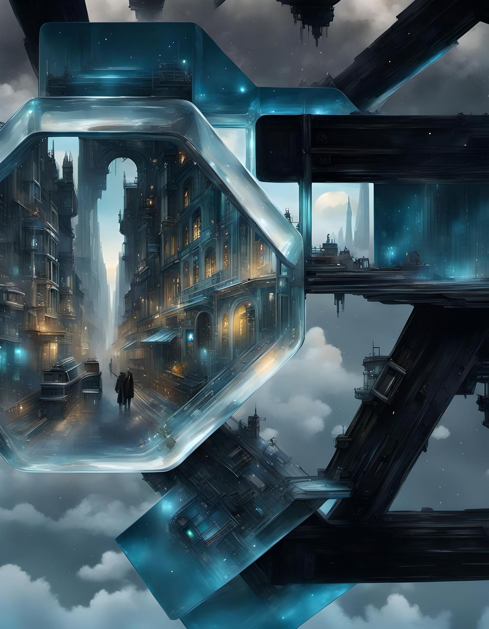 Futuristic Glass City in Cube, Steampunk Style