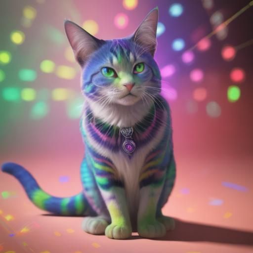 Groovy party cat& realistic vibes& multi chromatic vibes& holographic vibes& iridescent vibes& art deco hyperdetailed in...
