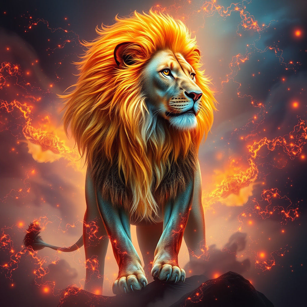 Majestic Lion with Fiery Mane in Cosmic Landscape