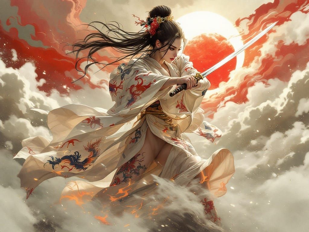 Ethereal Geisha in Fiery Combat