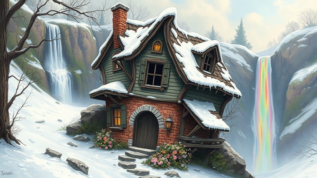 Whimsical House Teeters on Edge of Collapse in Serene Spring...