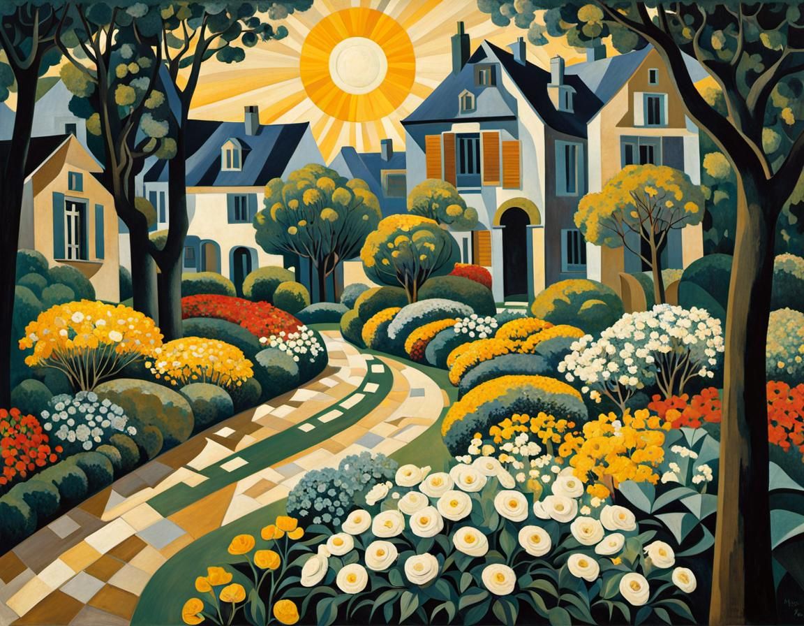 Sunlit Garden Scene Inspired by Cubism