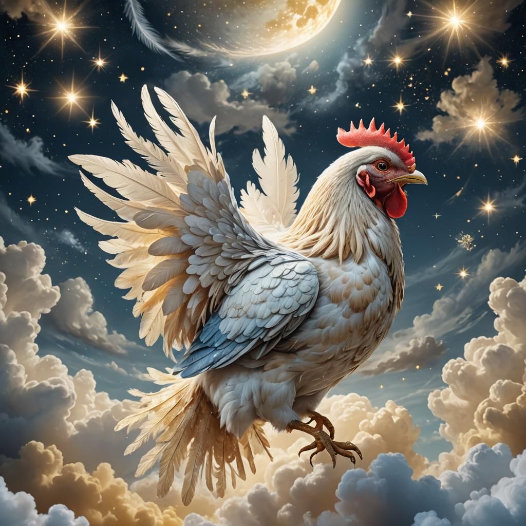 Dreamlike Matte Painting of Flying Chicken